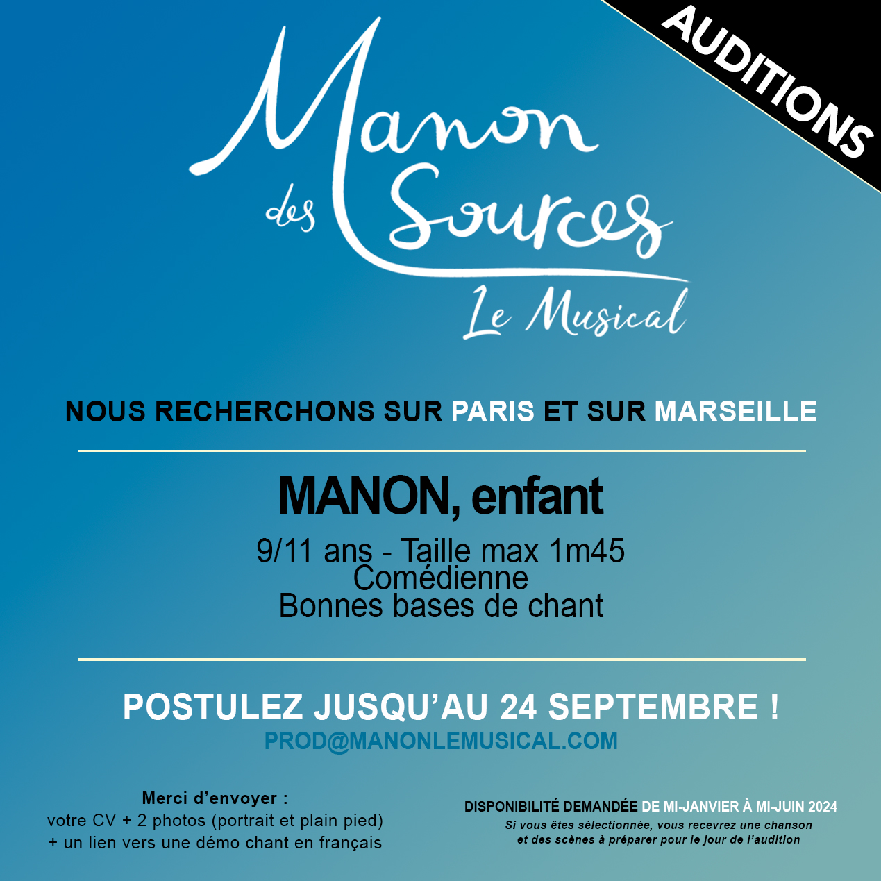 Casting enfant à Paris et Marseille pour le rôle de Manon enfant dans le musical show Manon des sources