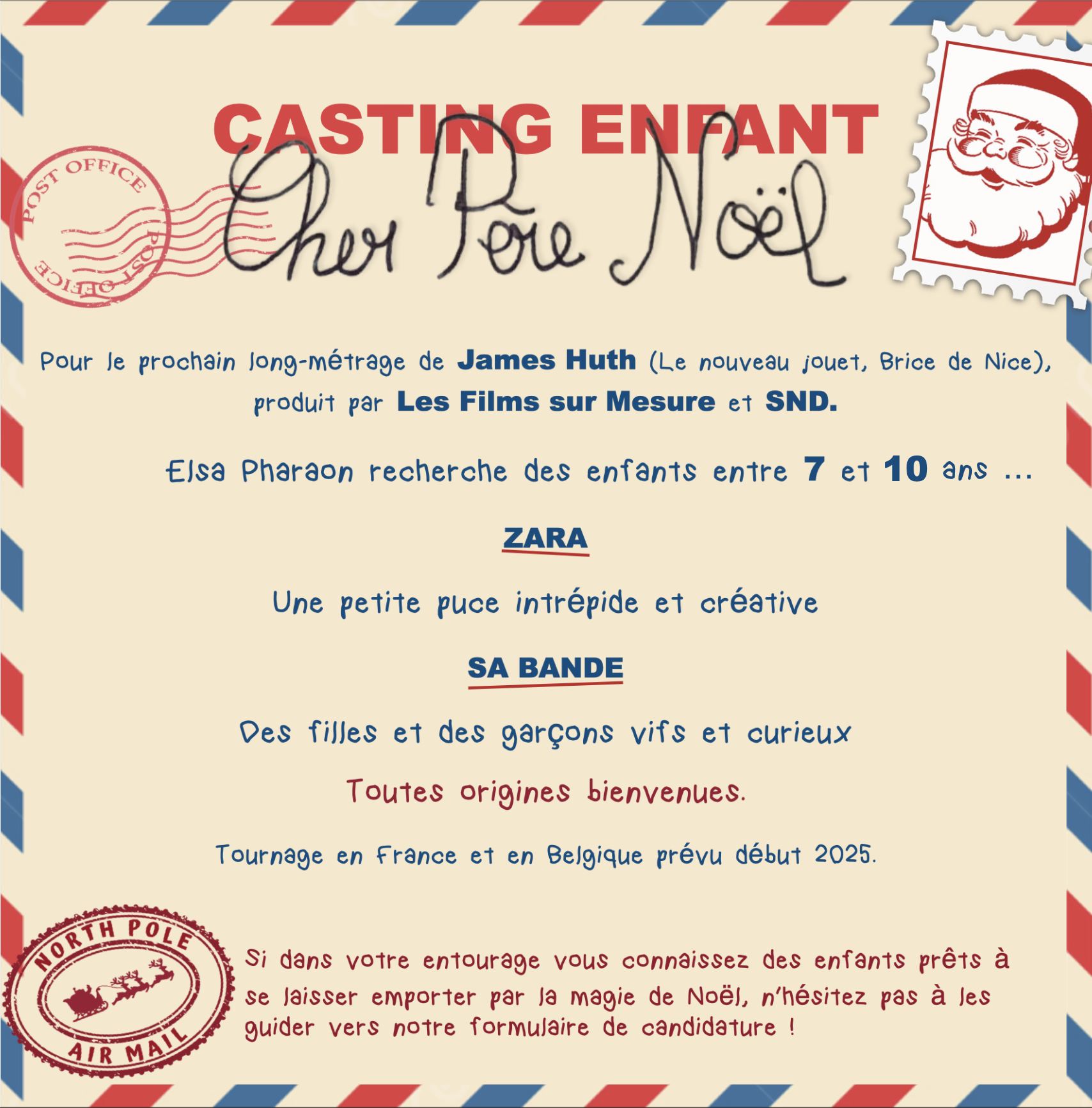 Casting enfants de 7 à 10 ans pour le film Cher Père Noël réalisé par James Huth