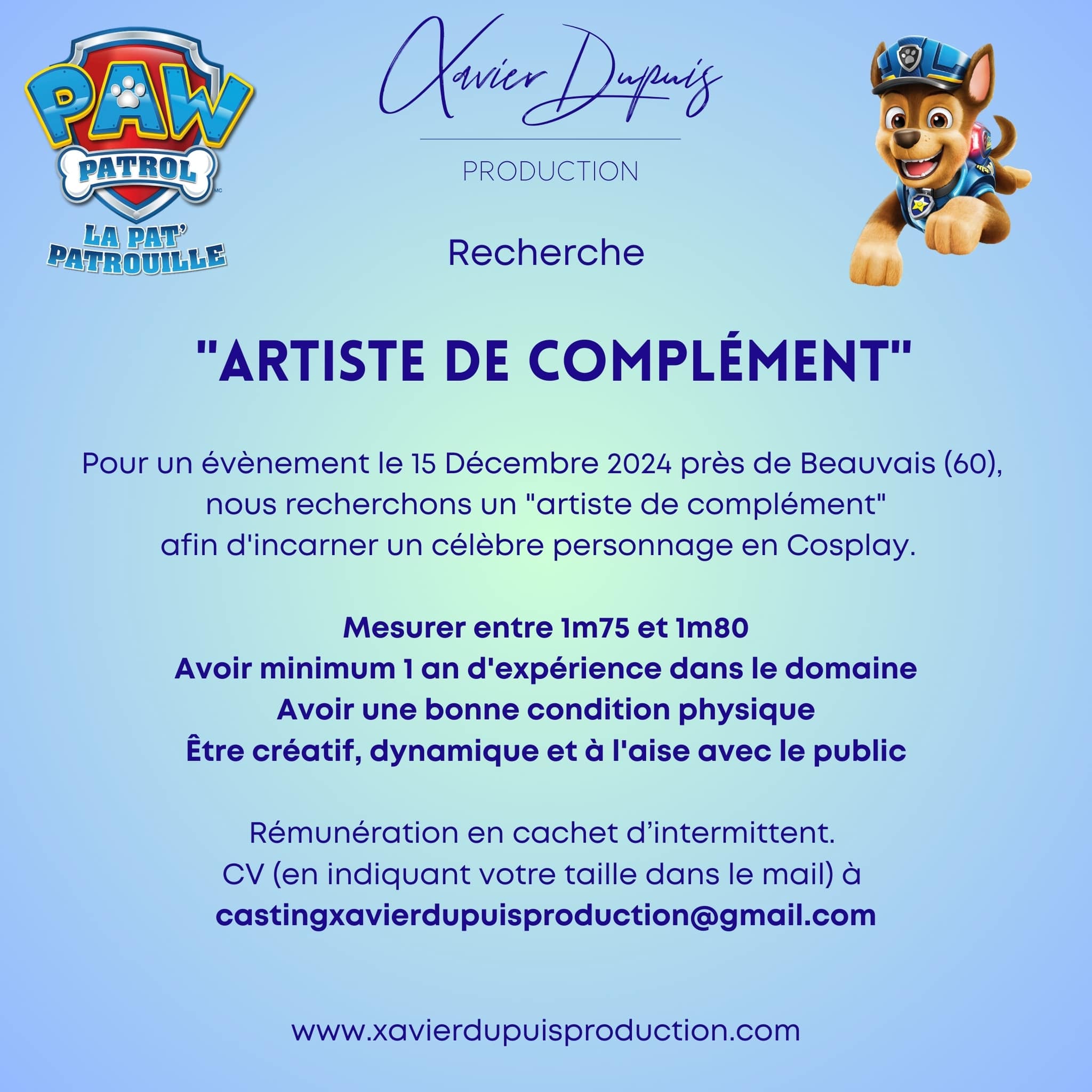 Casting comédien artiste de complément pour un évènement près de Beauvais dans l&rsquo;Oise