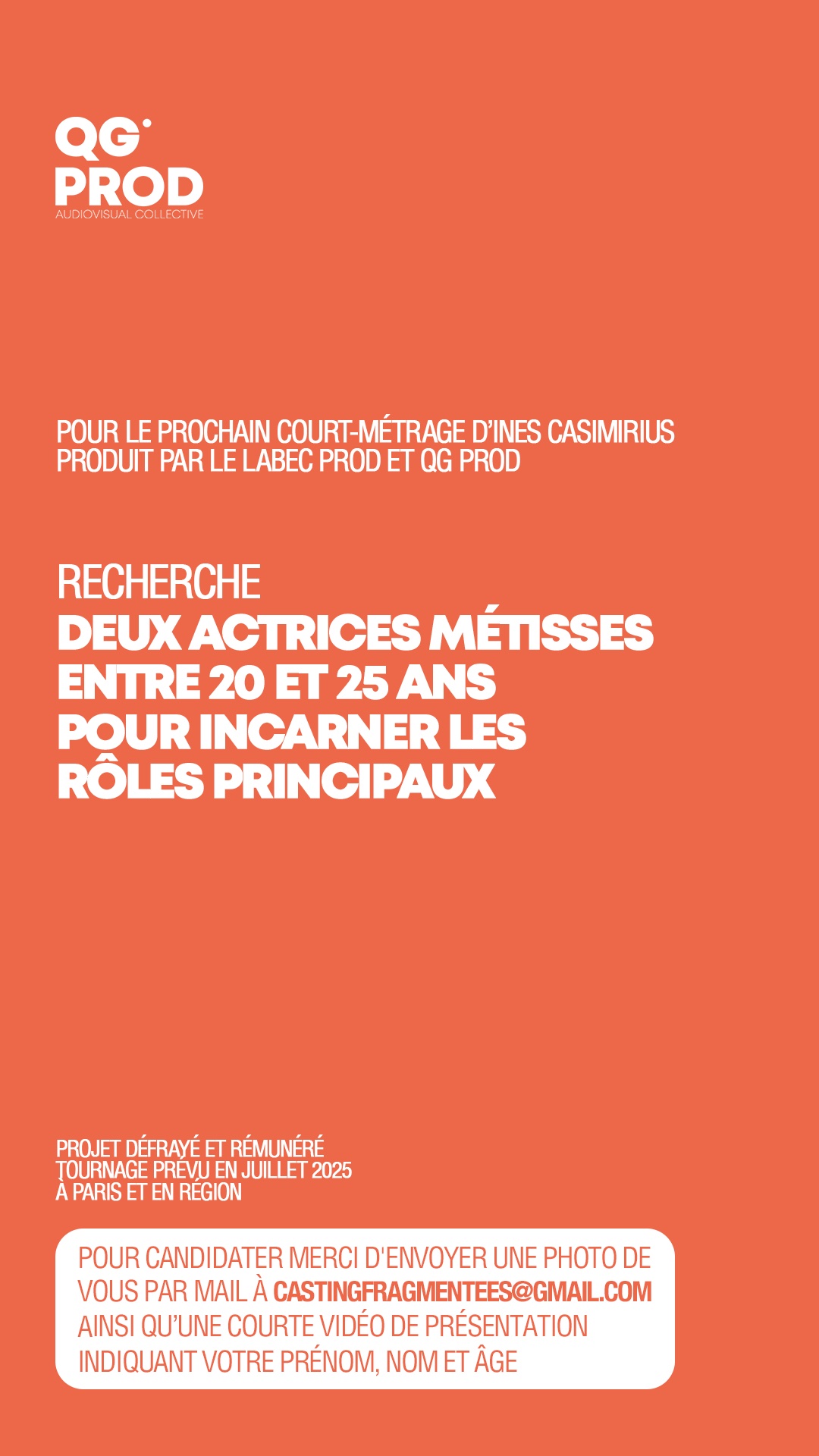 Casting comédiennes métisses 20 à 25 ans sur Paris pour un court métrage rémunéré réalisé par Inès Casimirius