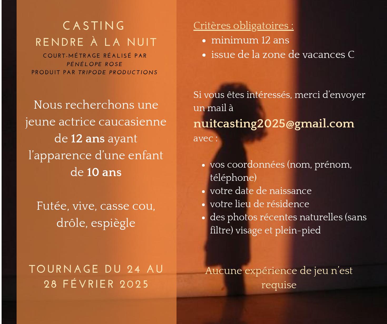 Casting actrice de 12 ans sur Paris pour le court métrage rémunéré Rendre à la nuit de Pénélope Rose