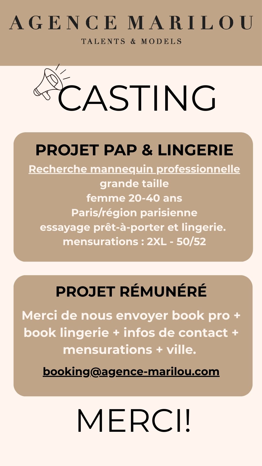 Agence de mannequin recherche un modèle grande taille 50 à 52 pour du PAP et un shooting lingerie