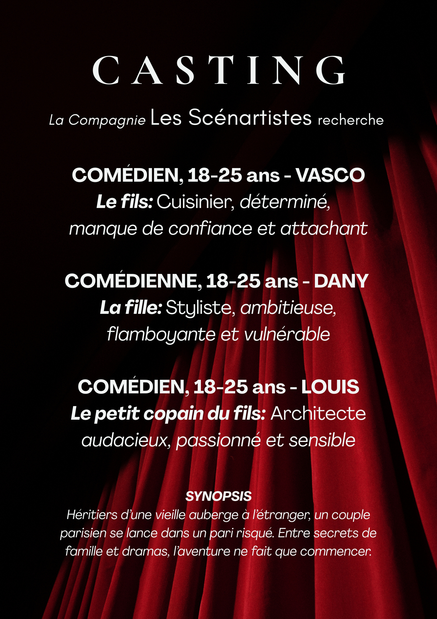 Casting comédiens de 18 à 25 ans H/F pour des rôles dans une pièce de Théâtre à Paris