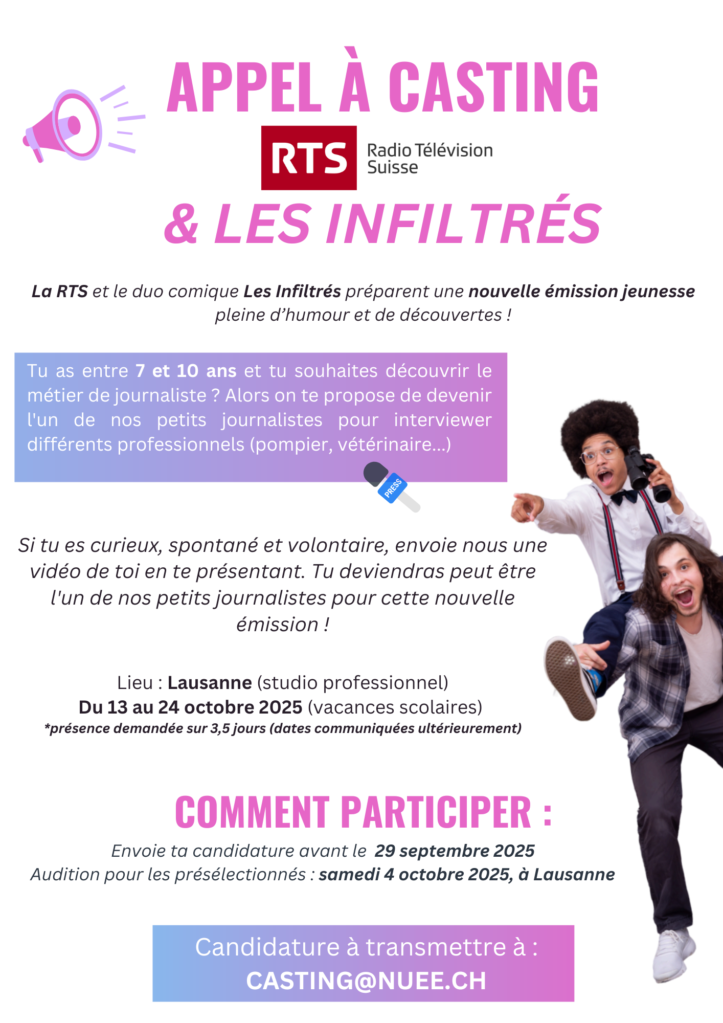 Casting enfants de 7 à 10 ans résidents suisses pour RTS Kids & Les Infiltrés