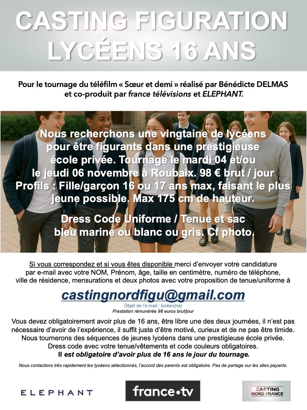 Casting figuration pour le téléfilm Sœur et demi : France Télévisions recherche des lycéens de 16 ans