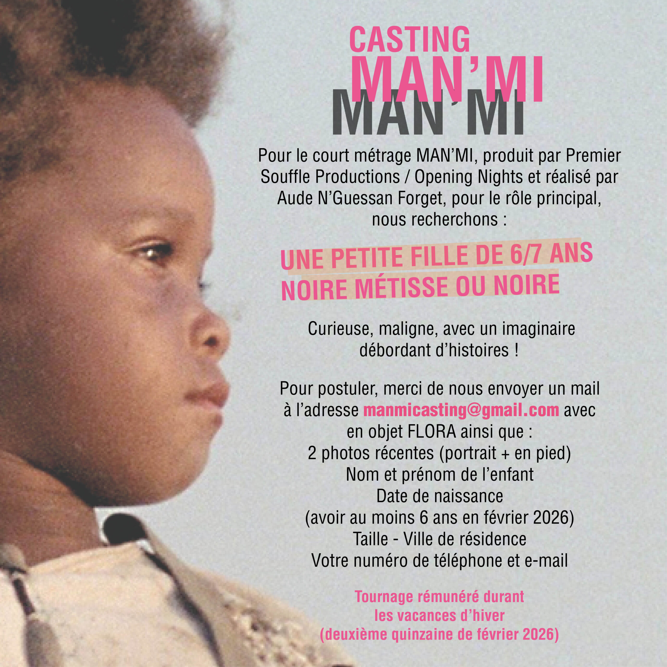 Casting petite fille de 6/7 ans noire ou métisse pour le film court rémunéré Man&rsquo;Mi d&rsquo;Aude N&rsquo;Guessan Forget