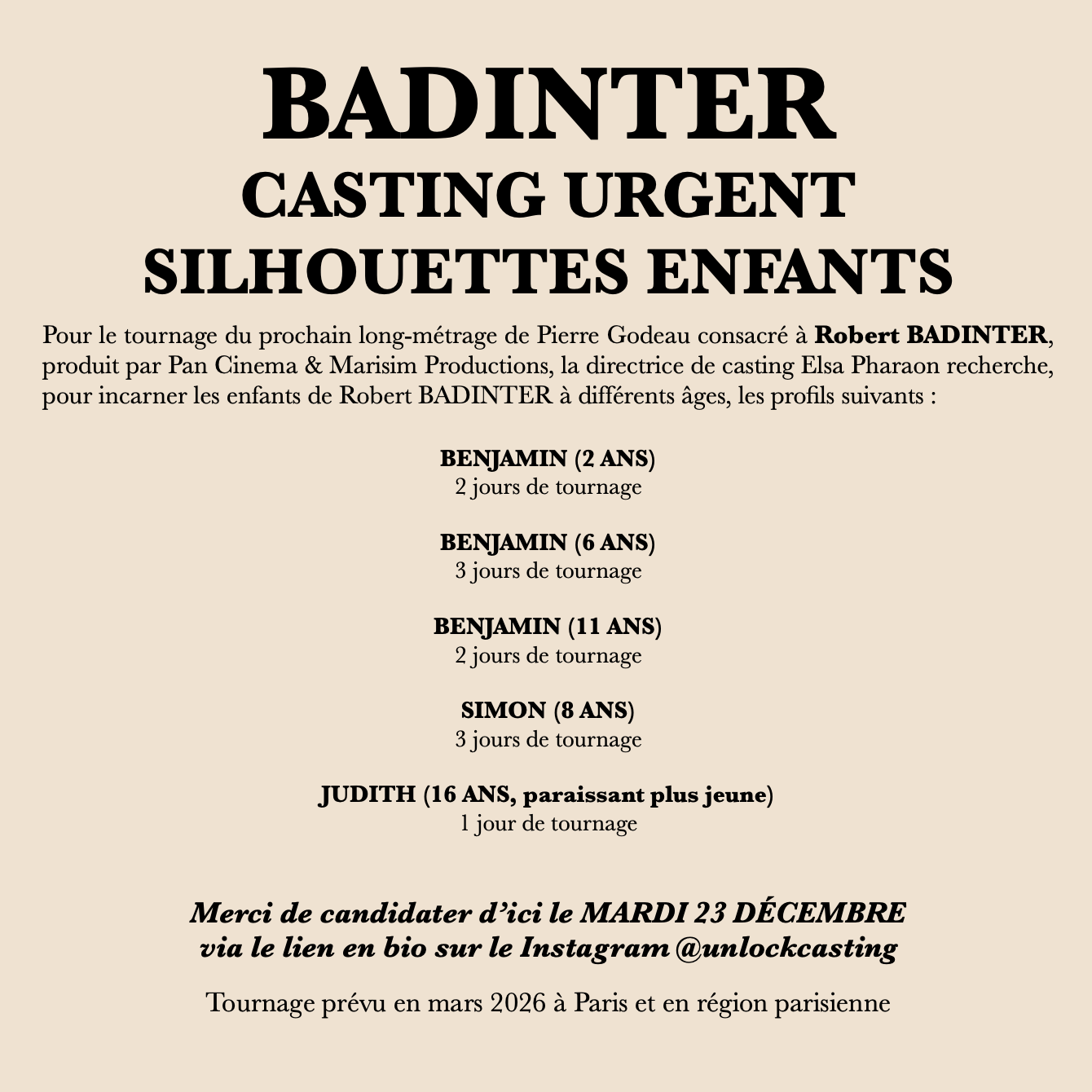 Casting silhouettes de 2 à 16 ans pour un film sur Robert Badinter réalisé par Pierre Godeau
