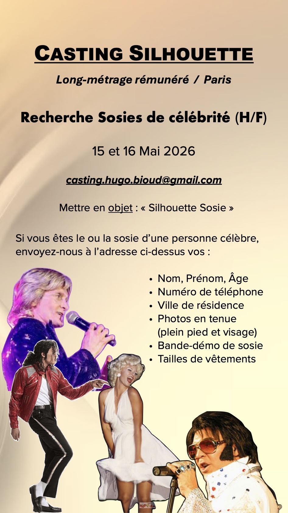Casting sosies de chanteurs ou chanteuses célèbres pour le film Mazaltov