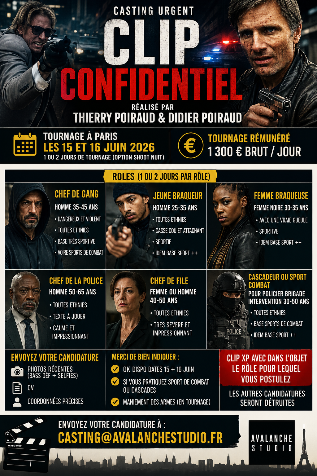Casting comédiens et cascadeurs pour un clip confidentiel réalisé par Thierry et Didier Poiraud