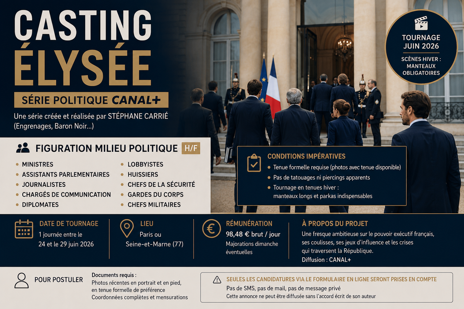 Casting figuration pour la série Élysée sur Canal+ : profils H/F en milieu politique recherchés en Île-de-France