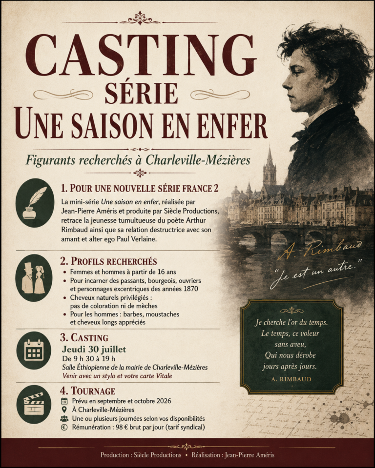 Casting série Une saison en enfer à Charleville-Mézières : femmes et hommes dès 16 ans recherchés pour une fiction France 2 sur Arthur Rimbaud.