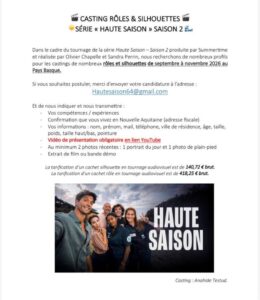 Nouveau casting Haute Saison saison 2 : de nombreux rôles et silhouettes recherchés au Pays basque