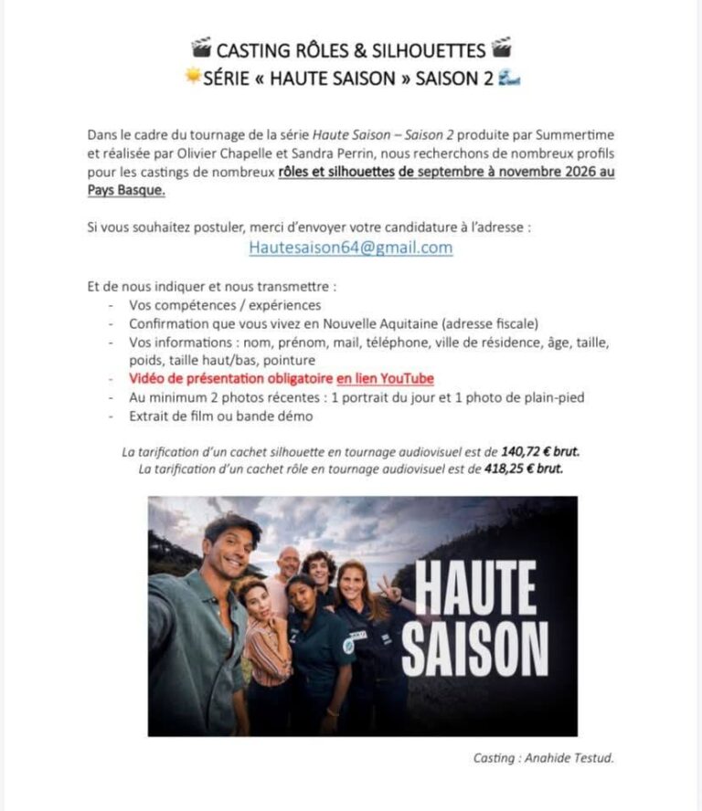 Nouveau casting Haute Saison saison 2 : de nombreux rôles et silhouettes recherchés au Pays basque