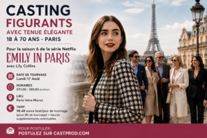 Casting figurants avec tenue élégante de 18 à 70 ans sur Paris pour la saison 6 de la série Netflix Emily in Paris avec Lily Collins.