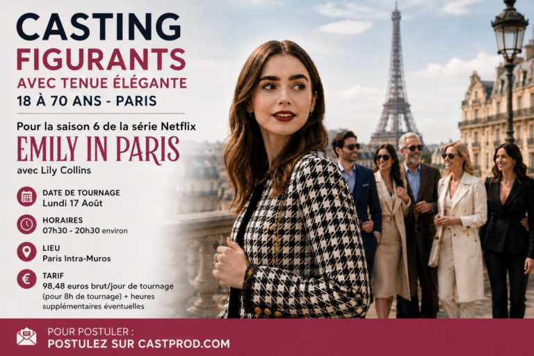 Casting figurants avec tenue élégante de 18 à 70 ans sur Paris pour la saison 6 de la série Netflix Emily in Paris avec Lily Collins.