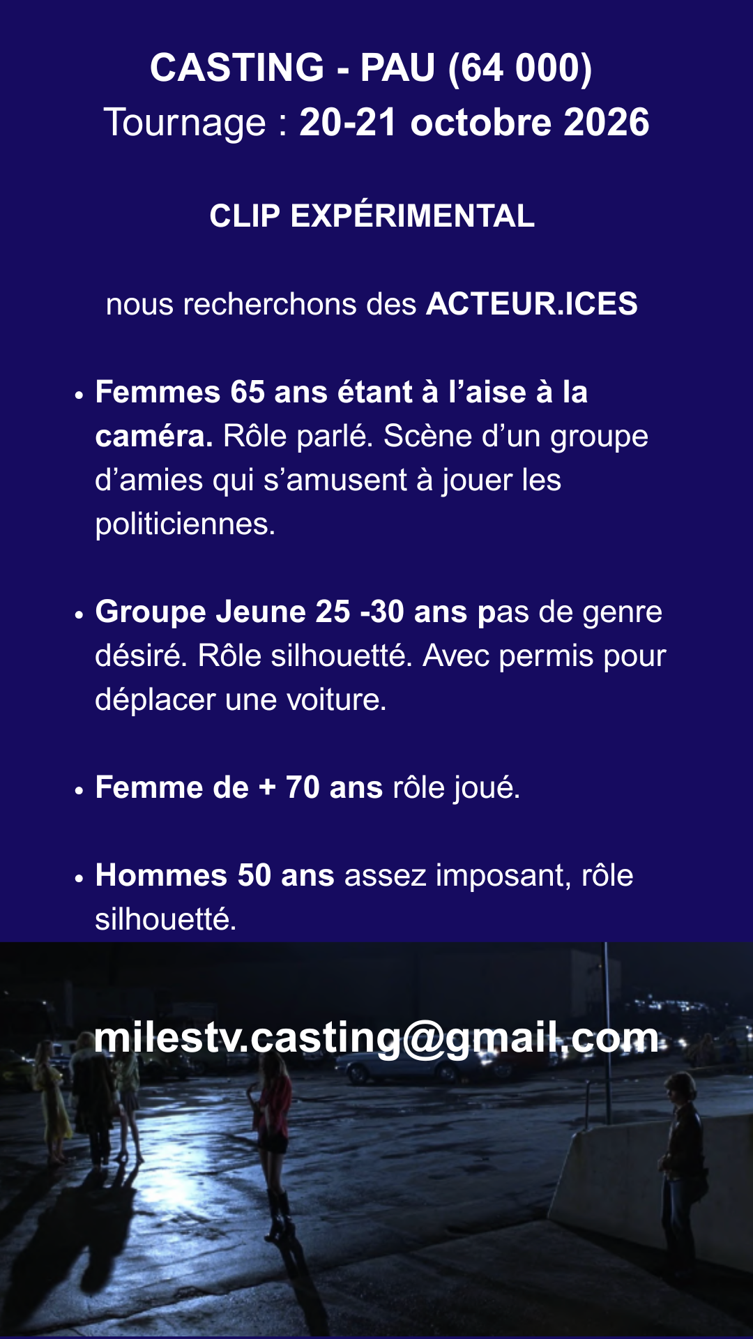 Casting figurants et comédiens pour le tournage d&rsquo;un clip rémunéré à Pau