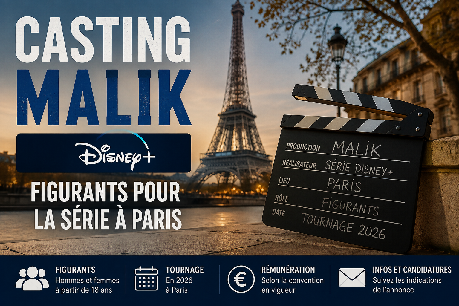 Casting Malik Disney+ : figurants 25 à 55 ans avec tenue de police à Paris