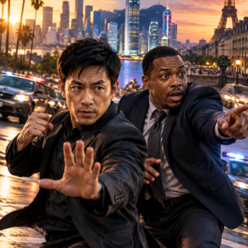 Illustration photoréaliste inspirée de l’univers de Rush Hour avec deux policiers en action dans un décor urbain international