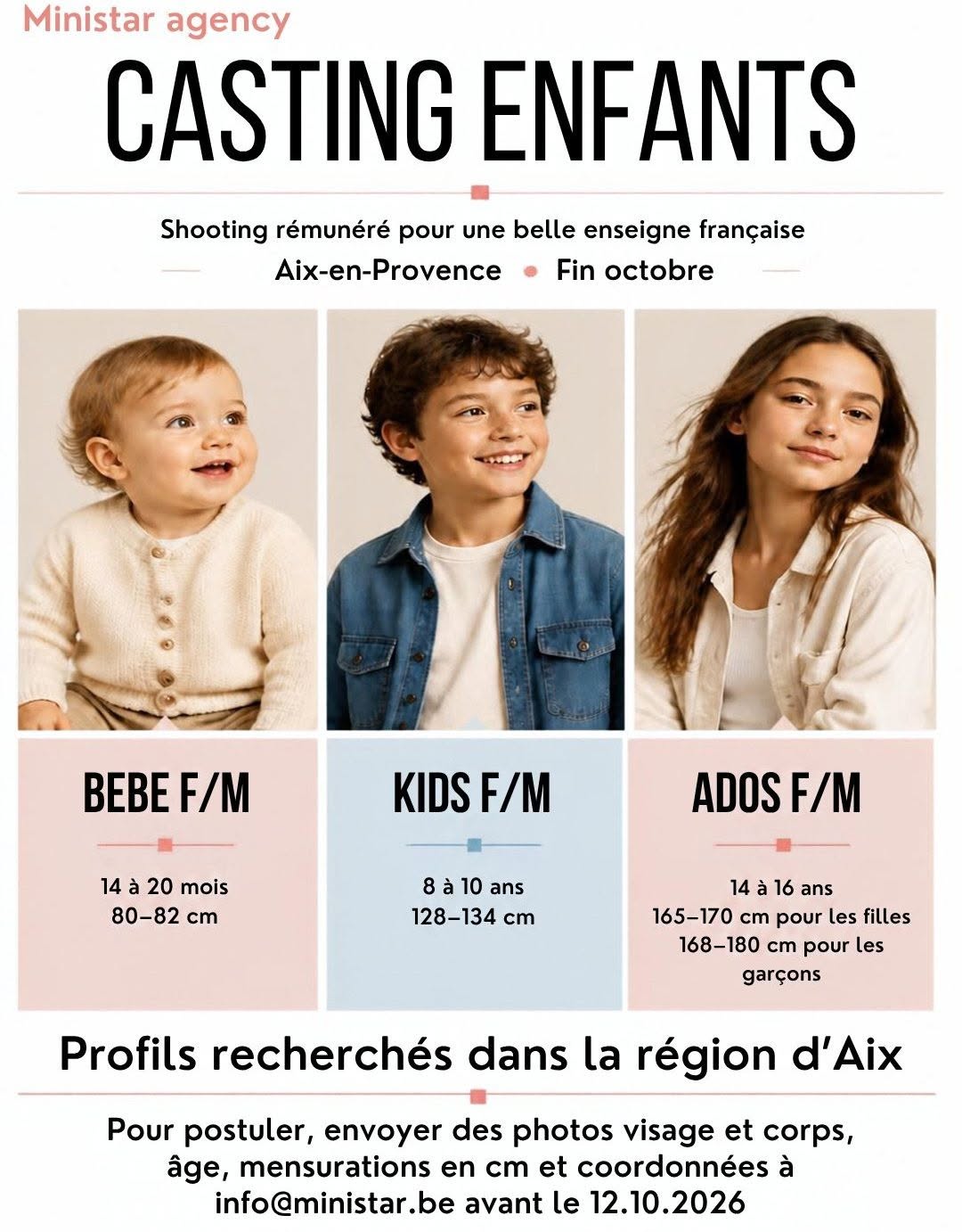 Casting bébés, enfants et ados à Aix-en-Provence pour un shooting rémunéré avec Ministar