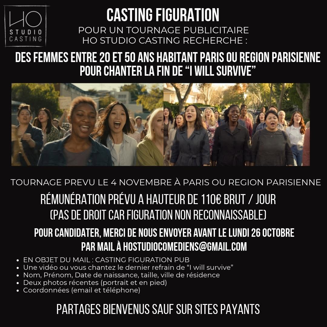 Casting figuration publicité à Paris : femmes de 20 à 50 ans pour chanter I Will Survive